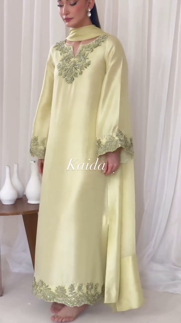 ✨🌼 “Kaida Luxury Pastel Embroidered Silk Set – Timeless Grace for Every Celebration”