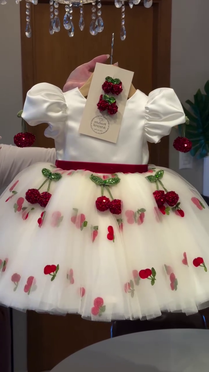 🍒✨ "Cherry Blossom Princess Couture Dress – 3D Crystal Cherry Fairy Party Wear for Little Girls" ✨🍒