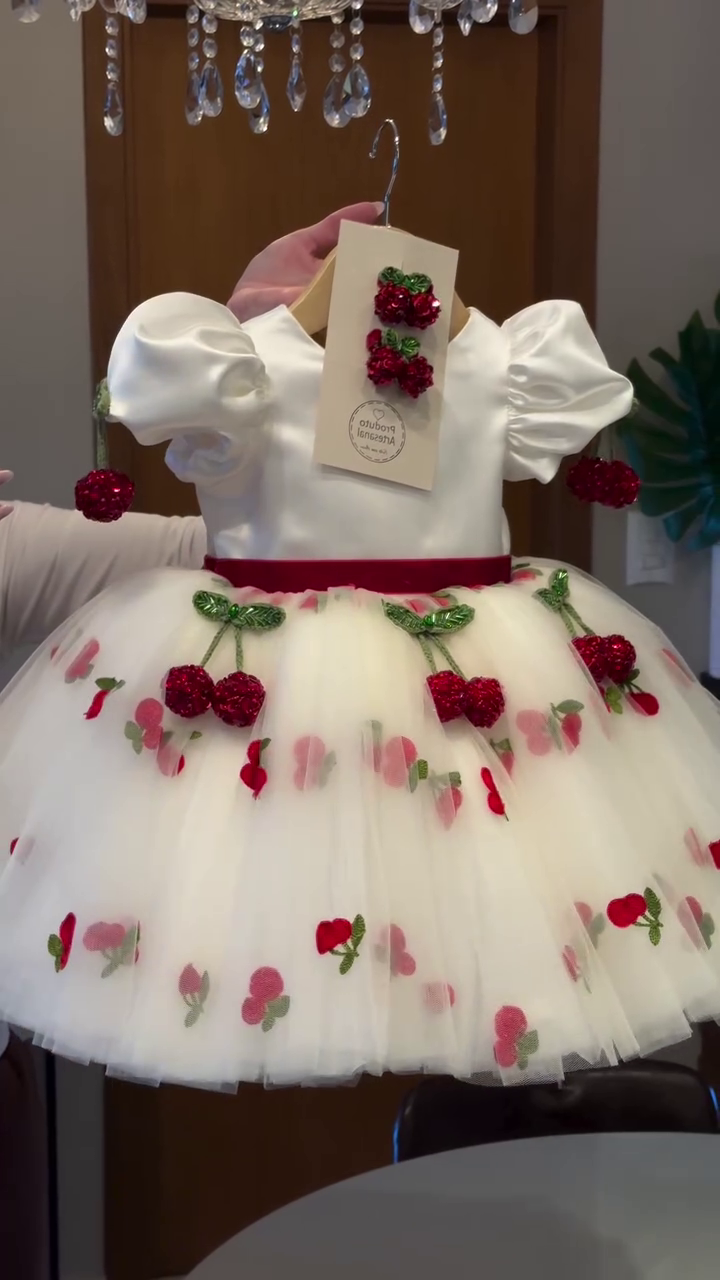 🍒✨ "Cherry Blossom Princess Couture Dress – 3D Crystal Cherry Fairy Party Wear for Little Girls" ✨🍒