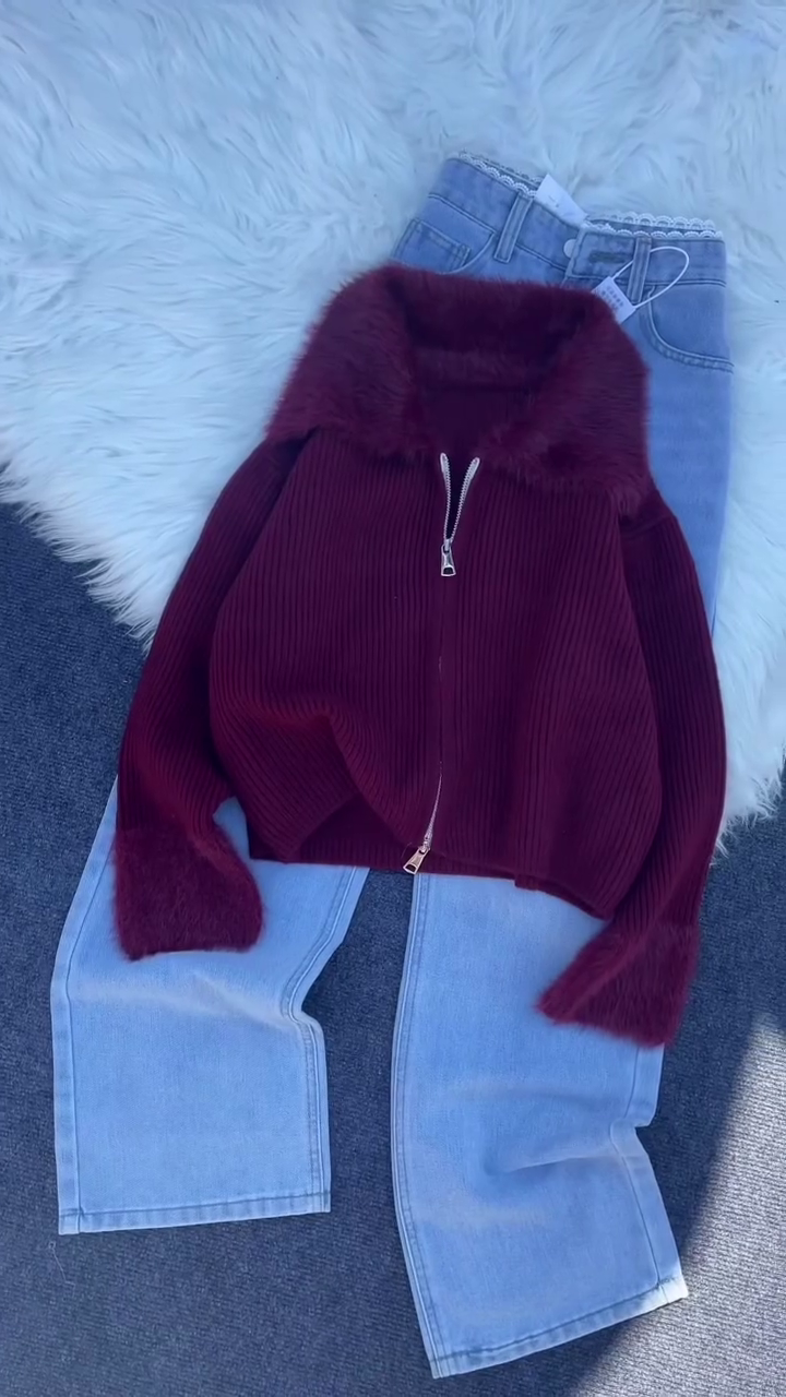 ❄️✨ “Fluffy Frost Luxe Zipper Jacket Set” – Premium Winter Fur Collar Knit (XXS–XXL) ✨❄️