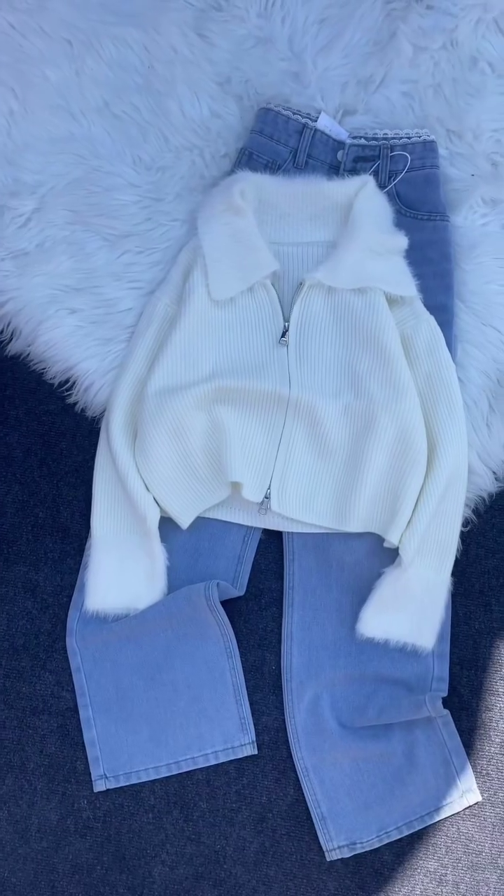 ❄️✨ “Fluffy Frost Luxe Zipper Jacket Set” – Premium Winter Fur Collar Knit (XXS–XXL) ✨❄️