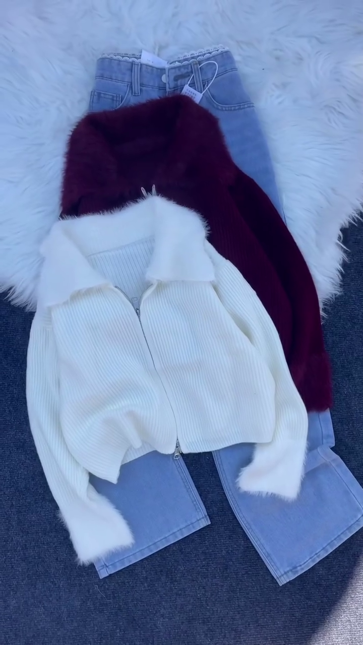 ❄️✨ “Fluffy Frost Luxe Zipper Jacket Set” – Premium Winter Fur Collar Knit (XXS–XXL) ✨❄️