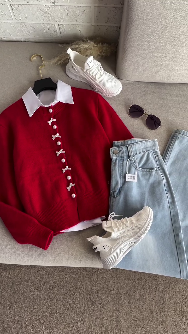 ❤️✨ “Ruby Bow Elegance Knit Set” – Pearl Button Bow Sweater (XXS–XXL) ✨❤️  Available in Multiple Colours • Multiple Designs • All Sizes