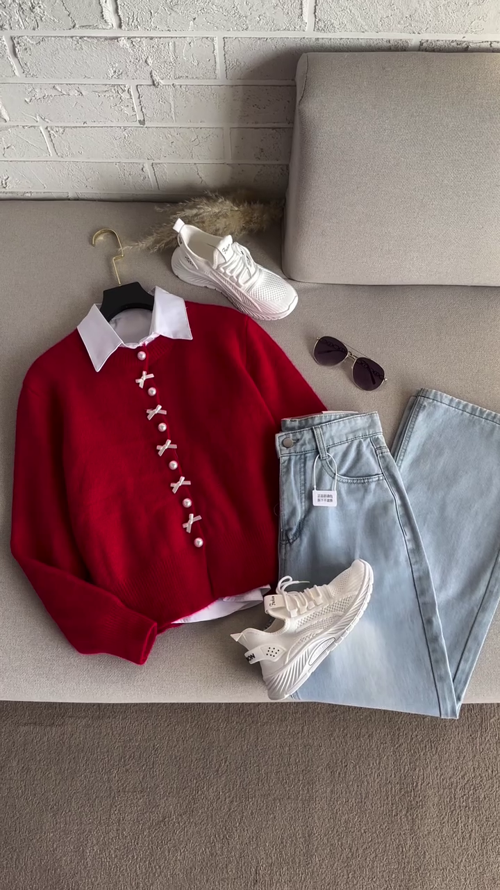 ❤️✨ “Ruby Bow Elegance Knit Set” – Pearl Button Bow Sweater (XXS–XXL) ✨❤️  Available in Multiple Colours • Multiple Designs • All Sizes