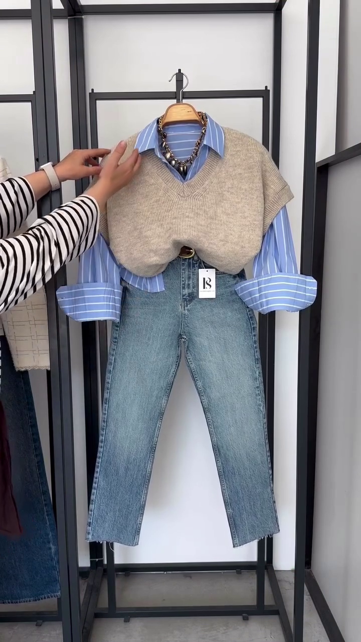 ⭐ “Vintage Chic Layered Sweater Vest & Striped Shirt Denim Set” – Elegant Korean Street Style (XXS–XXL) ⭐