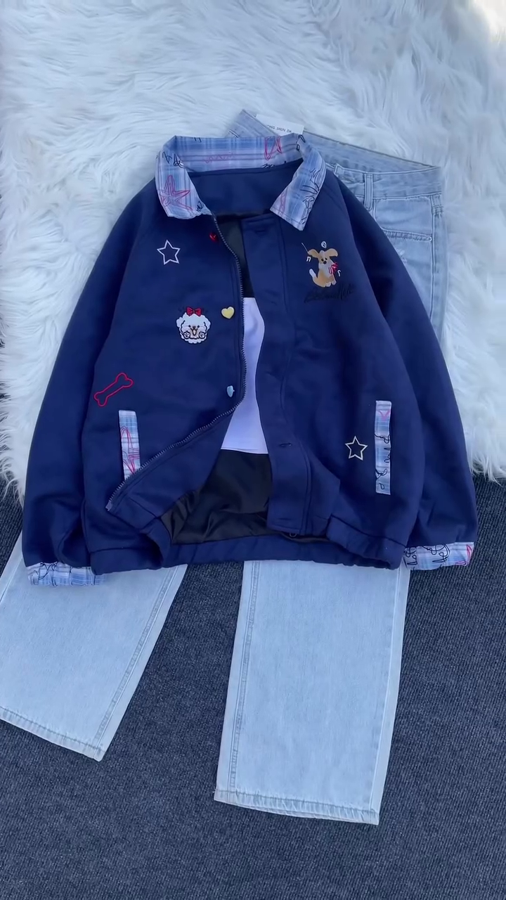 🌈✨ “Cute Cartoon Patchwork Jacket & Denim Co-ord – Playful Everyday Fashion (XXS–XXL)” ✨🌈