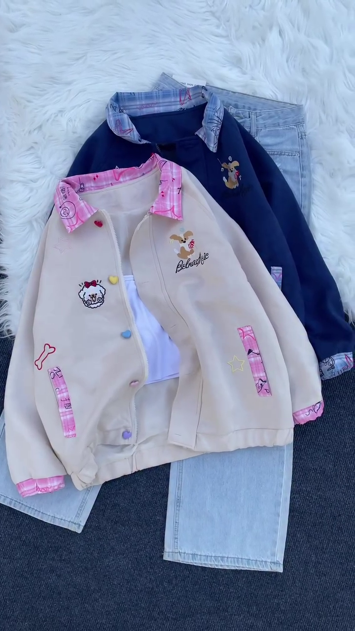 🌈✨ “Cute Cartoon Patchwork Jacket & Denim Co-ord – Playful Everyday Fashion (XXS–XXL)” ✨🌈