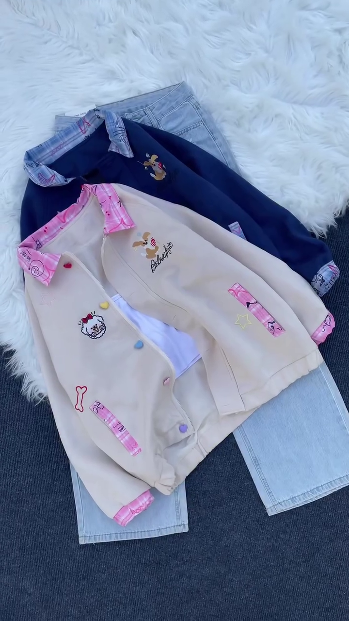 🌈✨ “Cute Cartoon Patchwork Jacket & Denim Co-ord – Playful Everyday Fashion (XXS–XXL)” ✨🌈