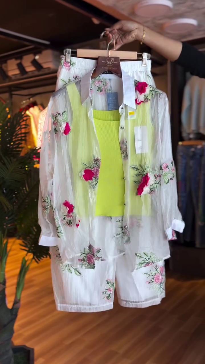 🌸✨ “Blooming Elegance Floral Mesh 3-Piece Summer Set – Light, Fresh & Fashion-Forward (XXS–XXL)” ✨🌸