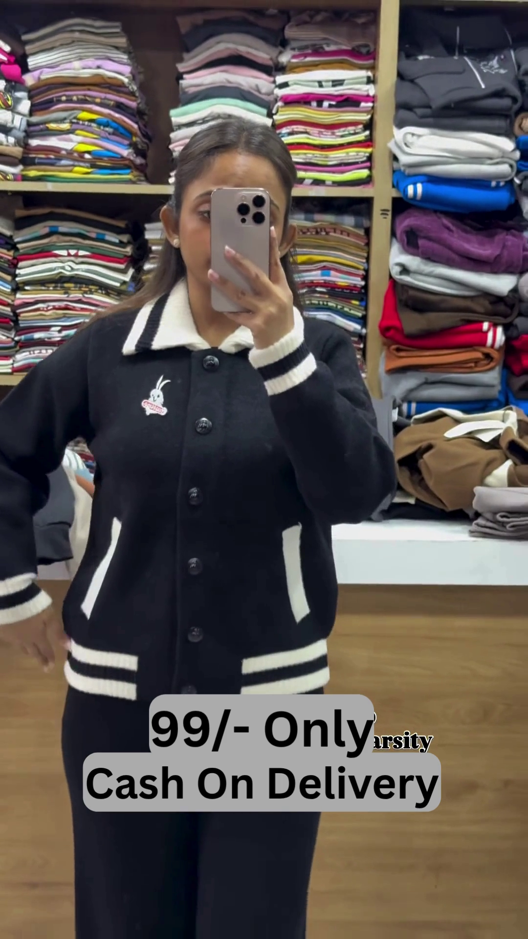 Cute Varsity Knit Cardigan – Trendy College Style Button-Up Sweater 🐰🖤