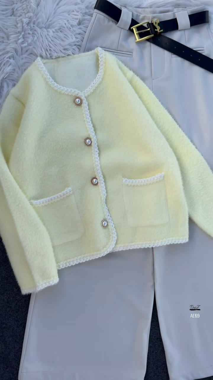 Soft Luxe Buttoned Cardigan – Elegant Pastel Knit with Pearl Details 💛🤍