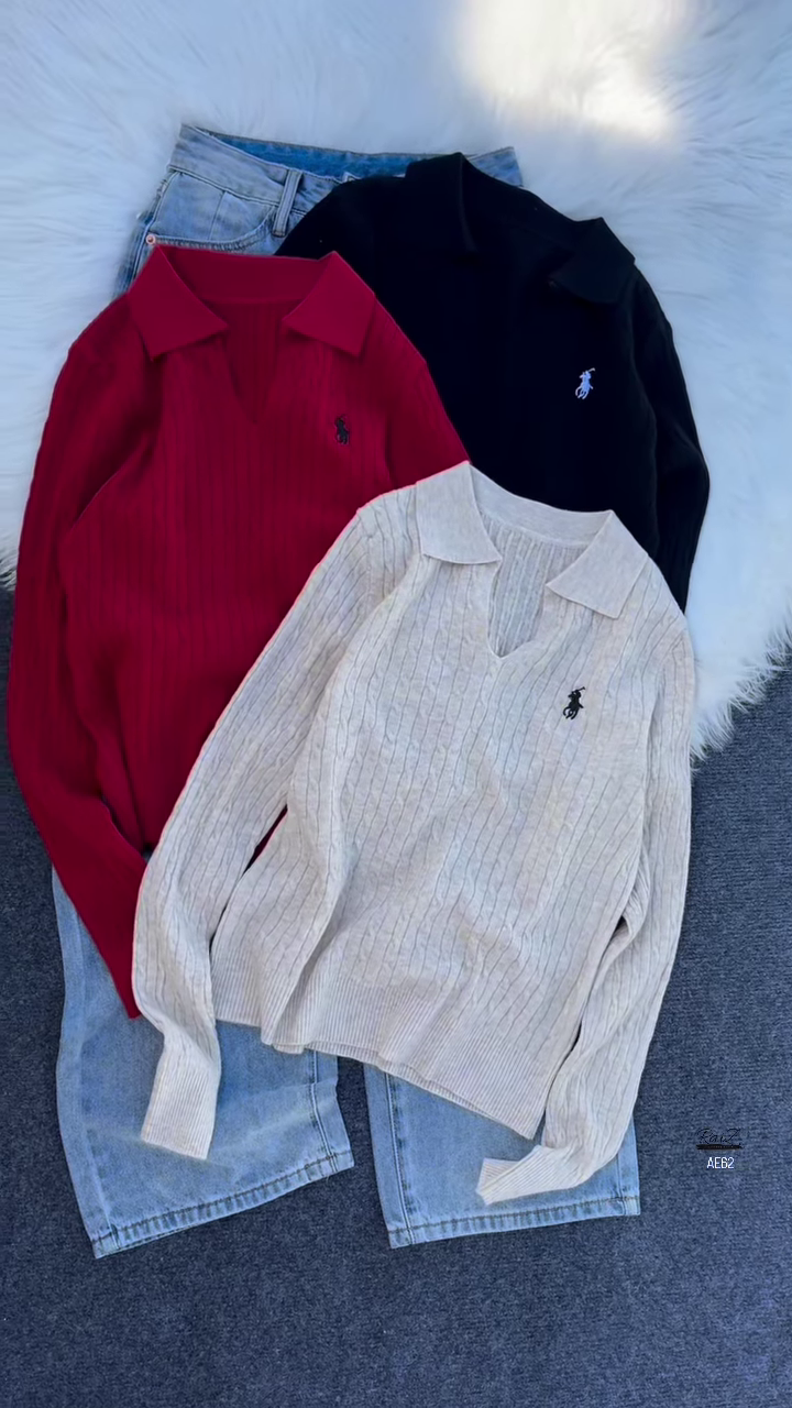 Classic Ribbed Polo Knit Sweater – Elegant Everyday Essential 🤍🖤🌸