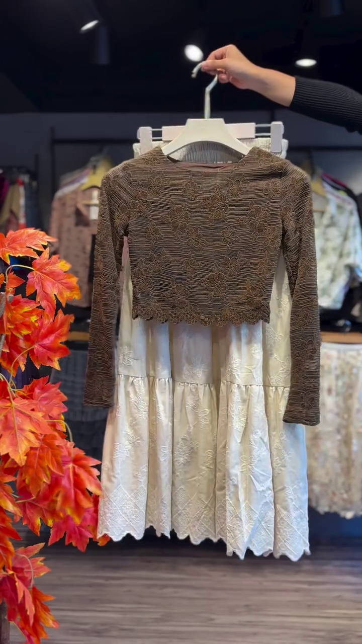 🌸 Autumn Grace Layered Lace Dress Set 🍂 | Elegant Long Sleeve Overlay | XXS–XXL