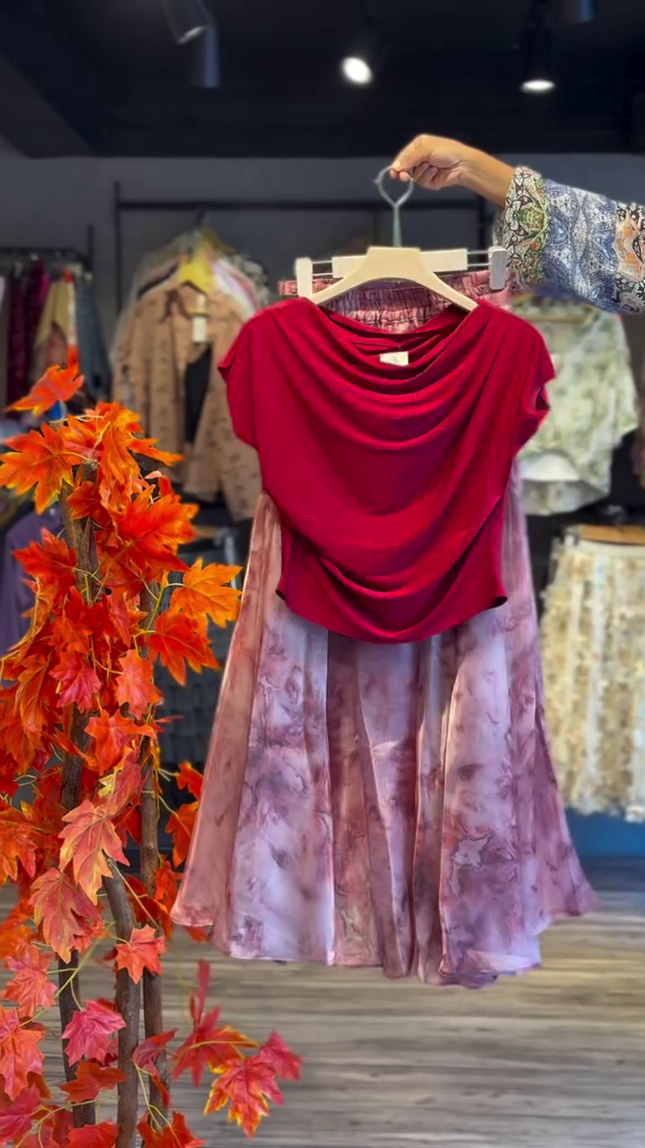 ❤️ Ruby Elegance Draped Top & Flowy Skirt Set 💃 | Chic Layered Ensemble |