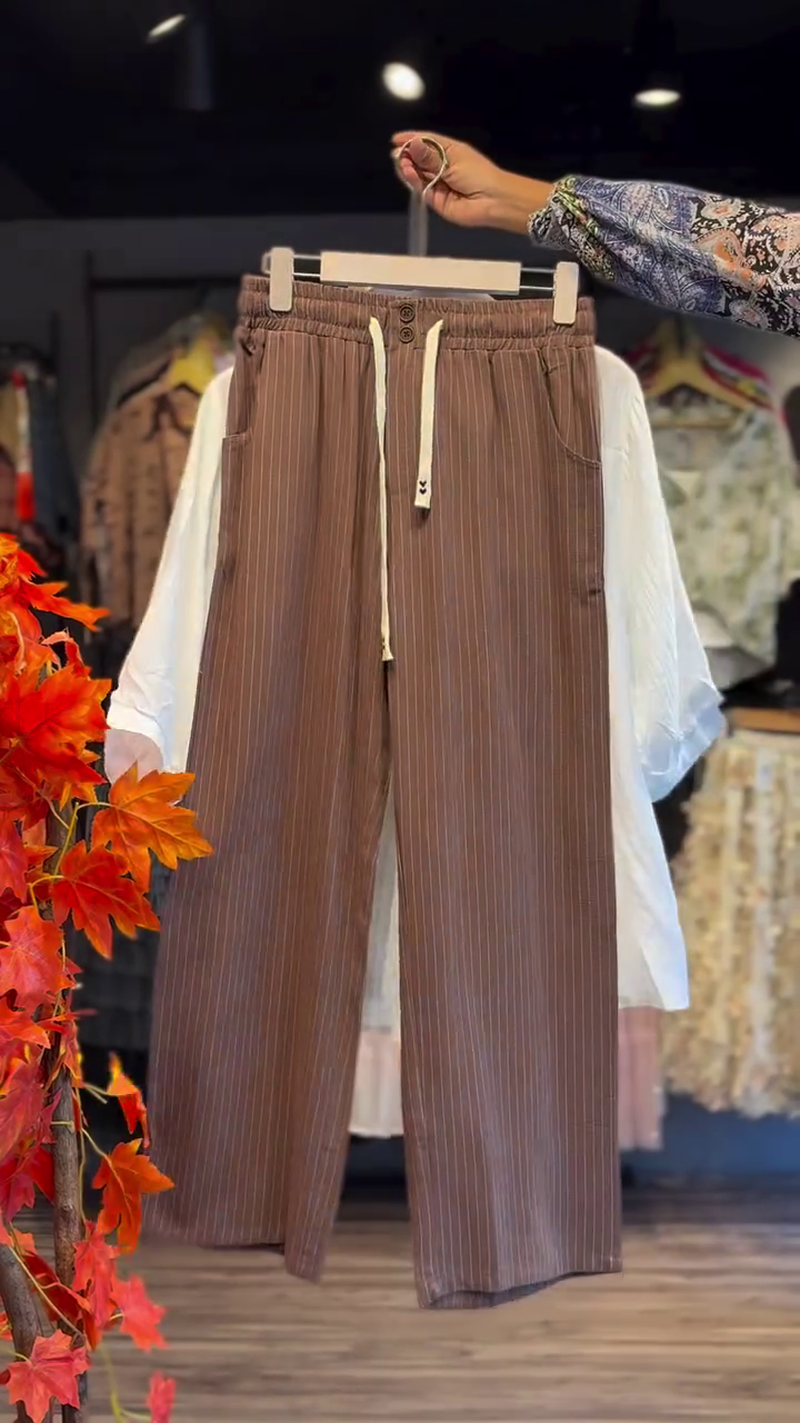 🤎 Urban Comfort Pinstripe Wide-Leg Pants 👖 | Relaxed Fit Drawstring Trousers | XXS–XXL