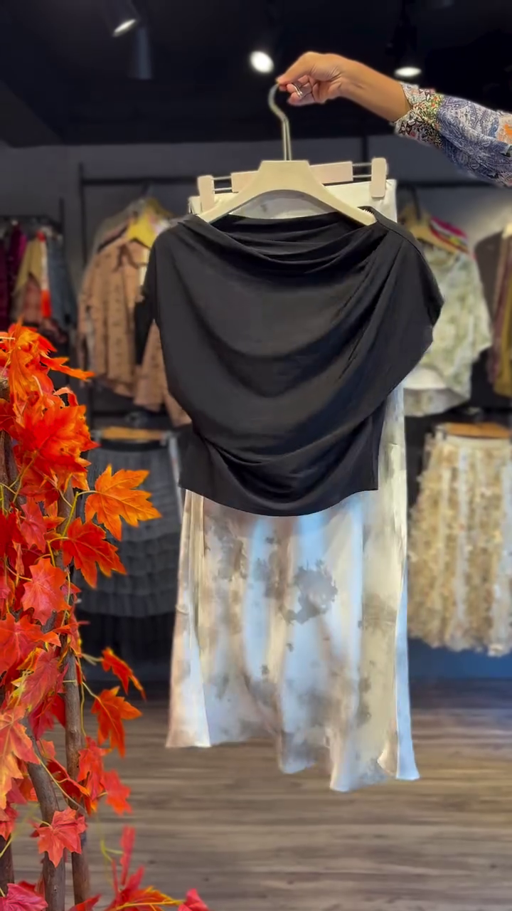 🖤 Midnight Grace Draped Top & Printed Skirt Set ✨ | Elegant Two-Piece Ensemble |