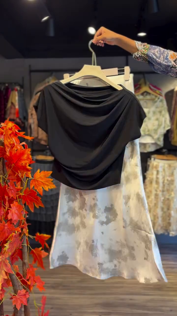 🖤 Midnight Grace Draped Top & Printed Skirt Set ✨ | Elegant Two-Piece Ensemble |