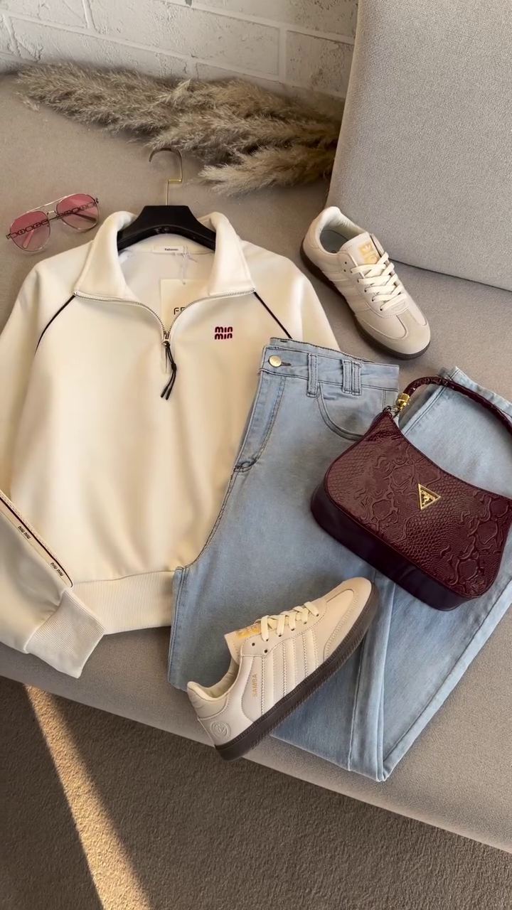 🤍 Urban Luxe Casual Co-Ord Set ✨ | Zip-Up Sweatshirt & Classic Denim Combo | XXS–XXL