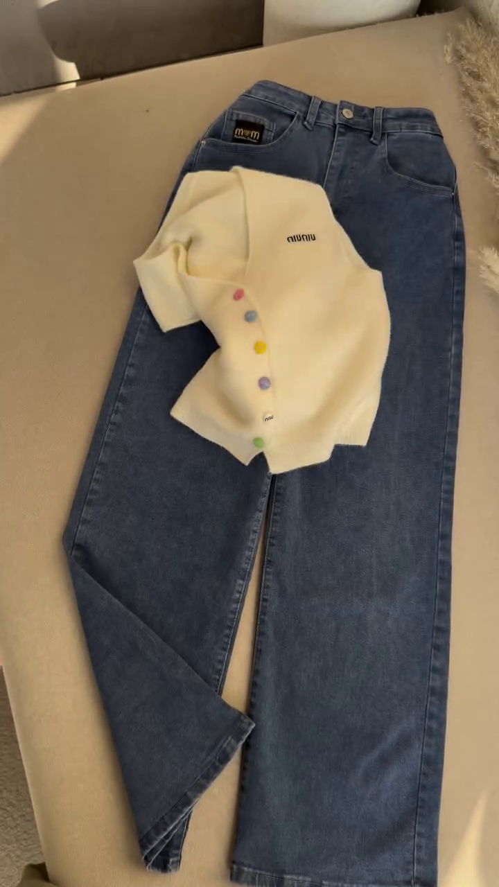 💛 Pastel Chic Layered Knit & Denim Set 👖✨ | Soft Button Vest with Classic Jeans | XXS–XXL