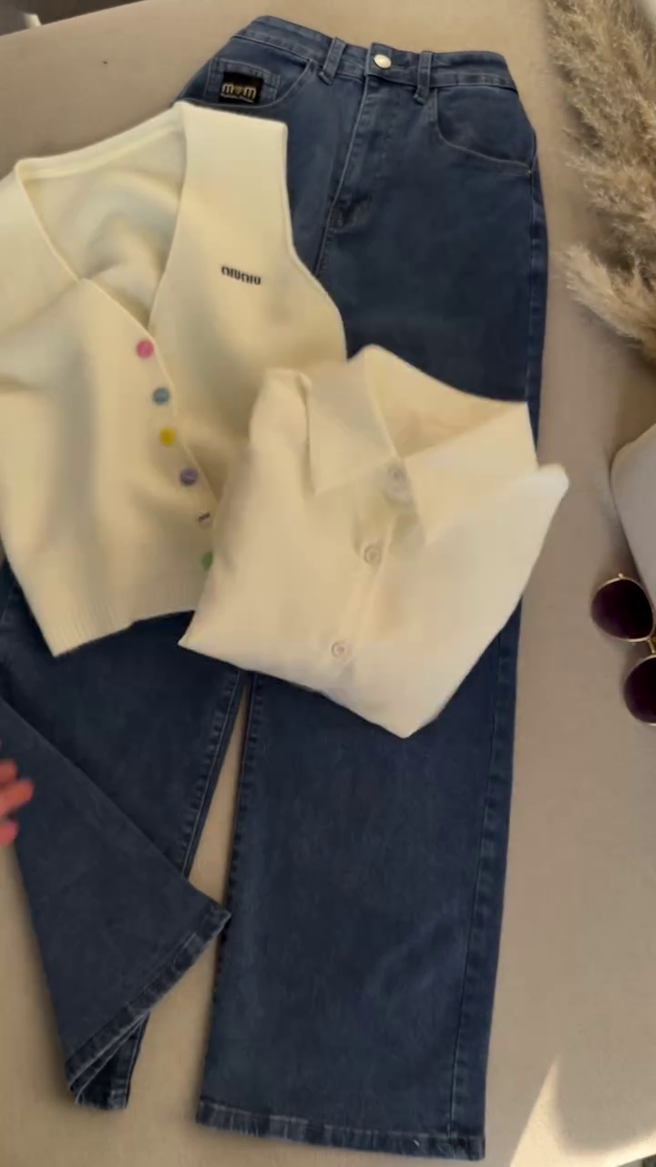 💛 Pastel Chic Layered Knit & Denim Set 👖✨ | Soft Button Vest with Classic Jeans | XXS–XXL