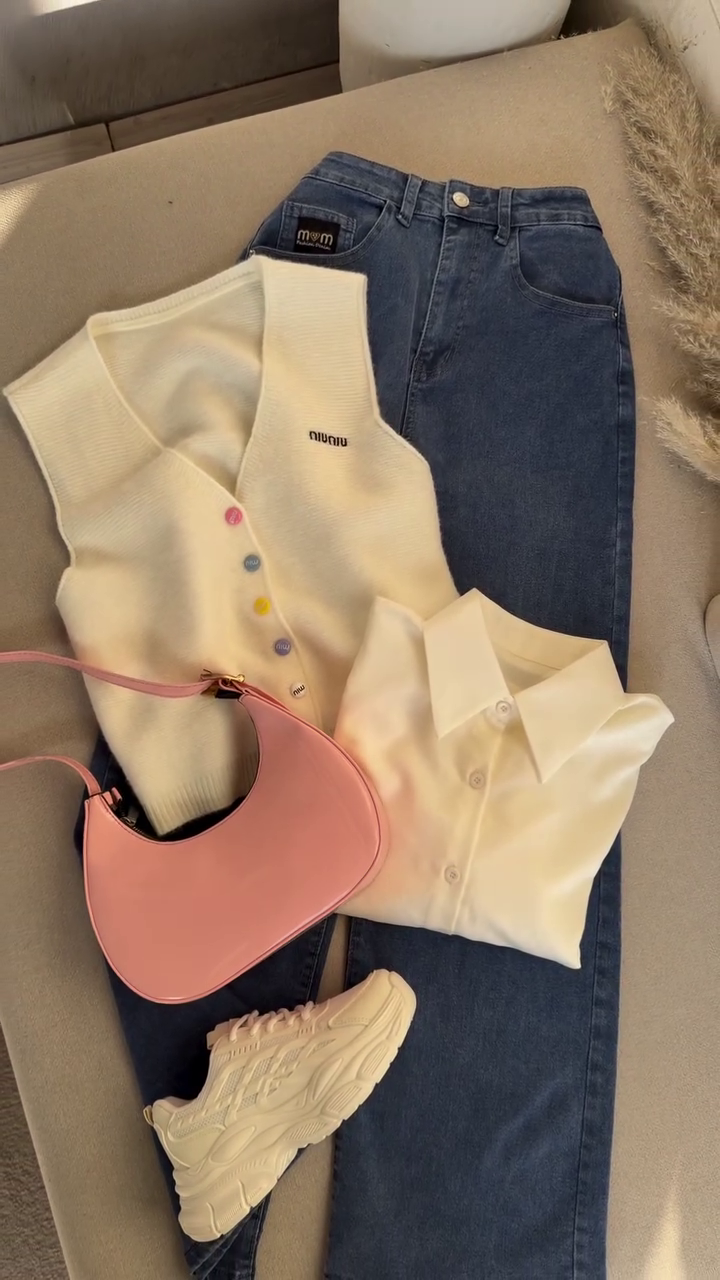 💛 Pastel Chic Layered Knit & Denim Set 👖✨ | Soft Button Vest with Classic Jeans | XXS–XXL