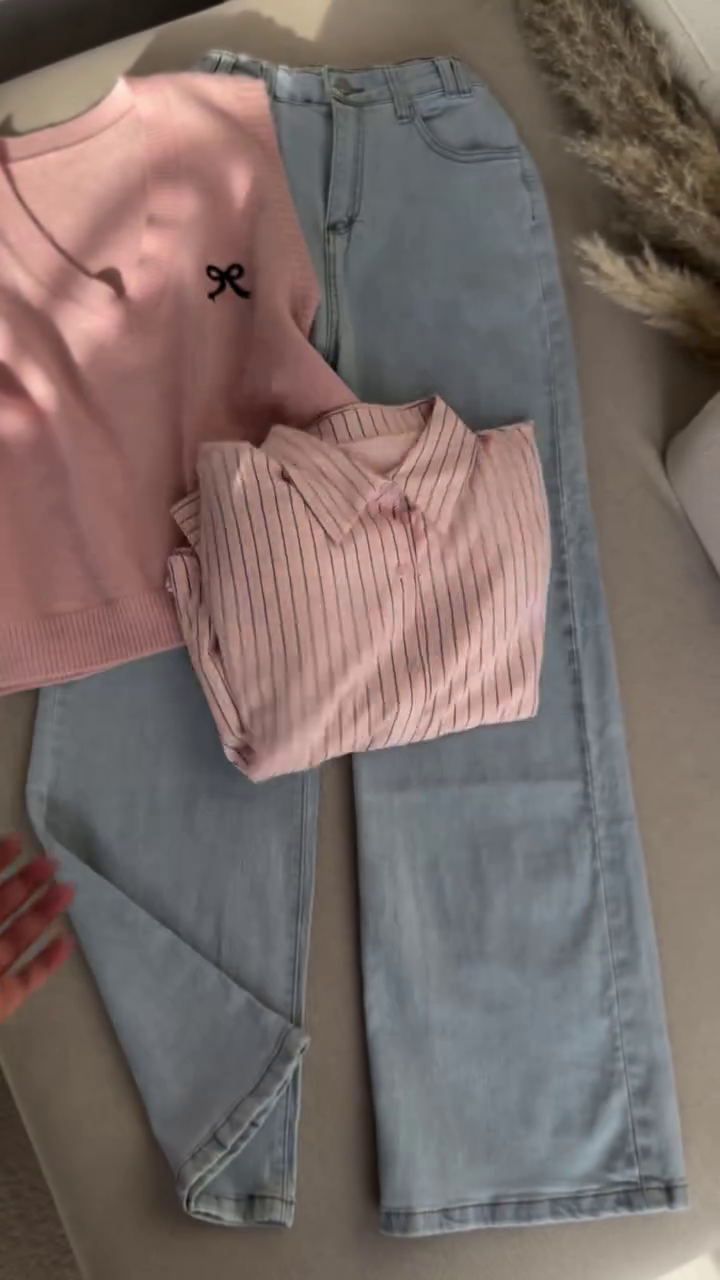 🌸 Blush Elegance Layered Knit & Denim Set 💕 | V-Neck Vest, Striped Shirt & Classic Jeans | XXS–XXL