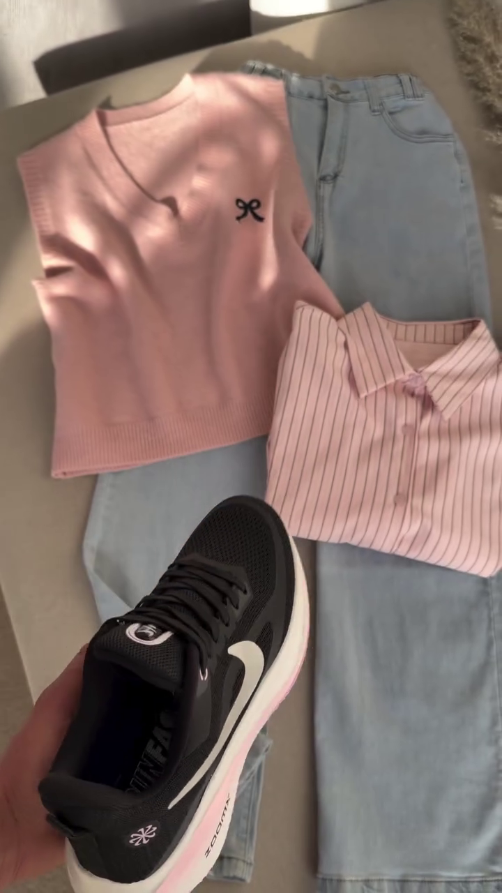 🌸 Blush Elegance Layered Knit & Denim Set 💕 | V-Neck Vest, Striped Shirt & Classic Jeans | XXS–XXL