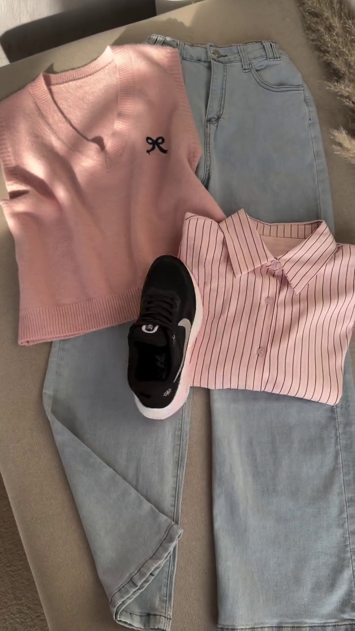 🌸 Blush Elegance Layered Knit & Denim Set 💕 | V-Neck Vest, Striped Shirt & Classic Jeans | XXS–XXL