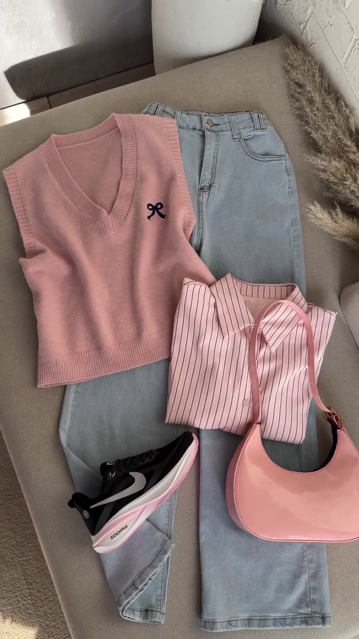 🌸 Blush Elegance Layered Knit & Denim Set 💕 | V-Neck Vest, Striped Shirt & Classic Jeans | XXS–XXL