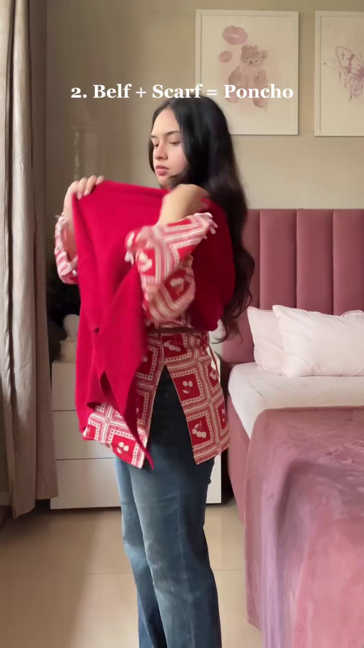 ❤️ Scarlet Charm Poncho Co-Ord Set – Elegant Belted Wrap Top with Statement Sleeves ❤️