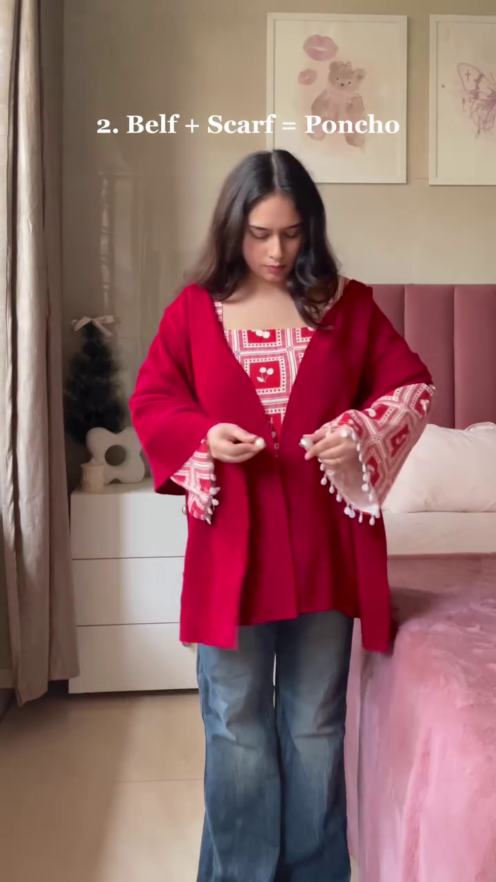 ❤️ Scarlet Charm Poncho Co-Ord Set – Elegant Belted Wrap Top with Statement Sleeves ❤️