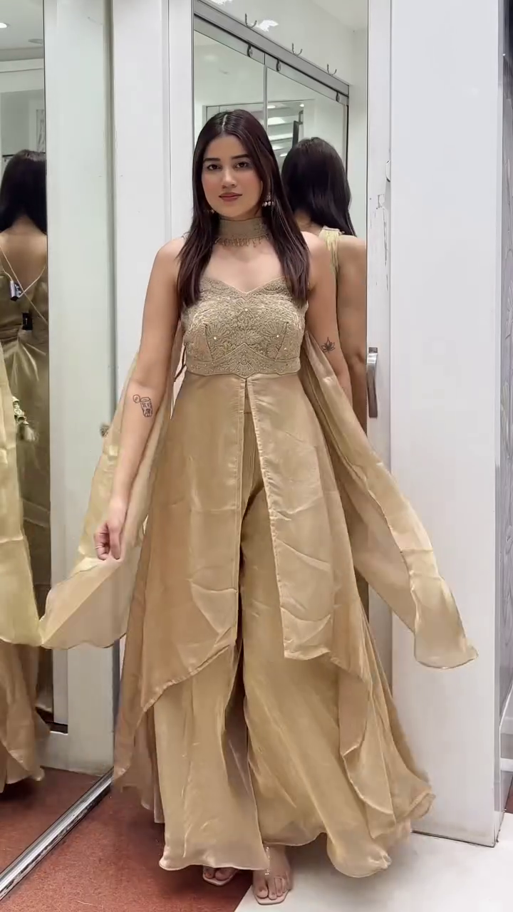 ✨ Golden Aura Embroidered Palazzo Gown Set – Regal Radiance Redefined ✨