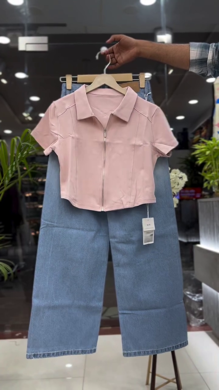 🖤 Midnight Chic Zip-Up Crop Top & Denim Wide-Leg Co-Ord Set 💙