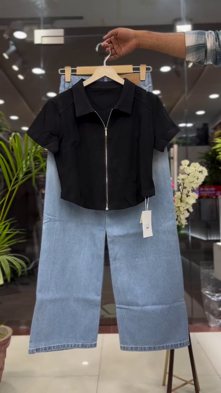 🖤 Midnight Chic Zip-Up Crop Top & Denim Wide-Leg Co-Ord Set 💙