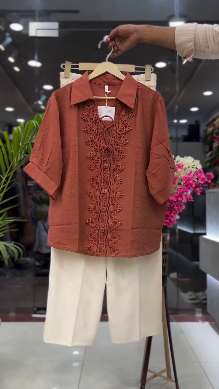 💚 Lime Luxe Lace-Detail Shirt & Ivory Wide-Leg Co-Ord Set 🤍