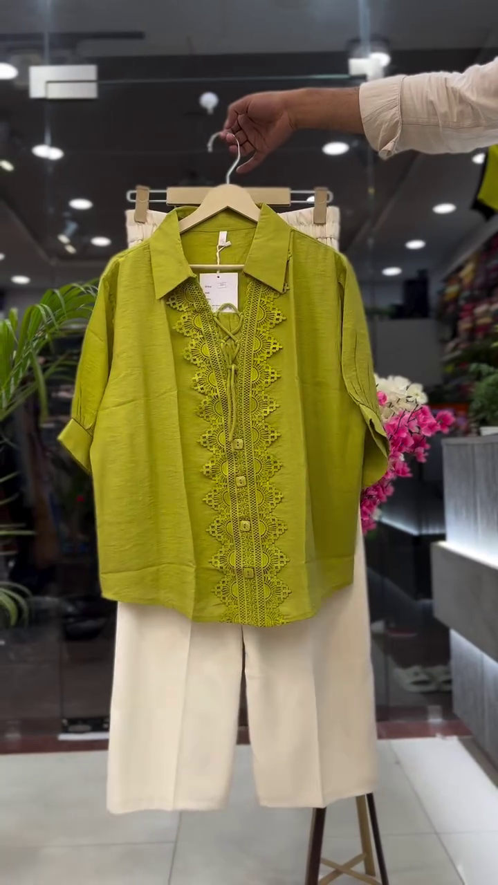 💚 Lime Luxe Lace-Detail Shirt & Ivory Wide-Leg Co-Ord Set 🤍