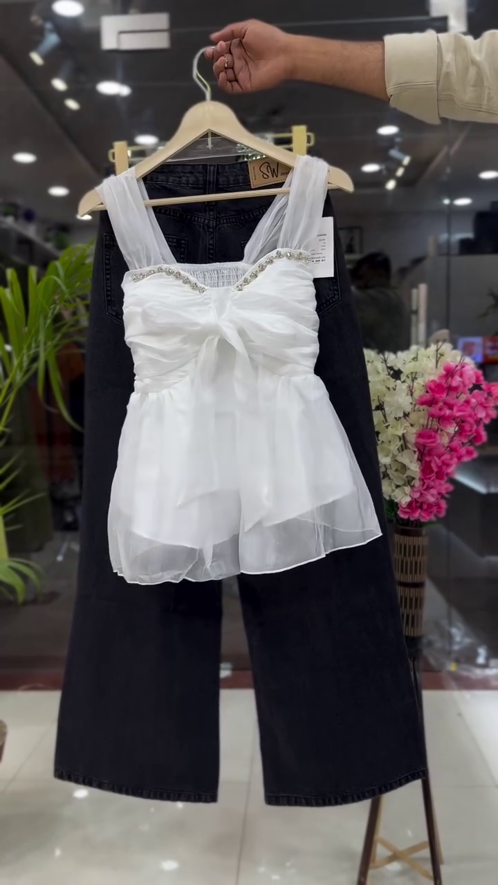 🤍 Snow Pearl Bow Top & Midnight Wide-Leg Denim Co-Ord Set 🖤