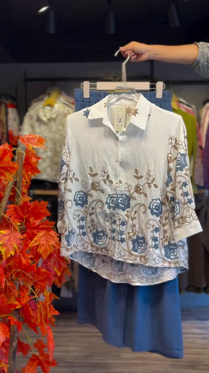 🌸 Vintage Bloom Embroidered Shirt & Blue Flare Skirt Co-Ord – Elegant Floral Collection | XXS–XXL ✨