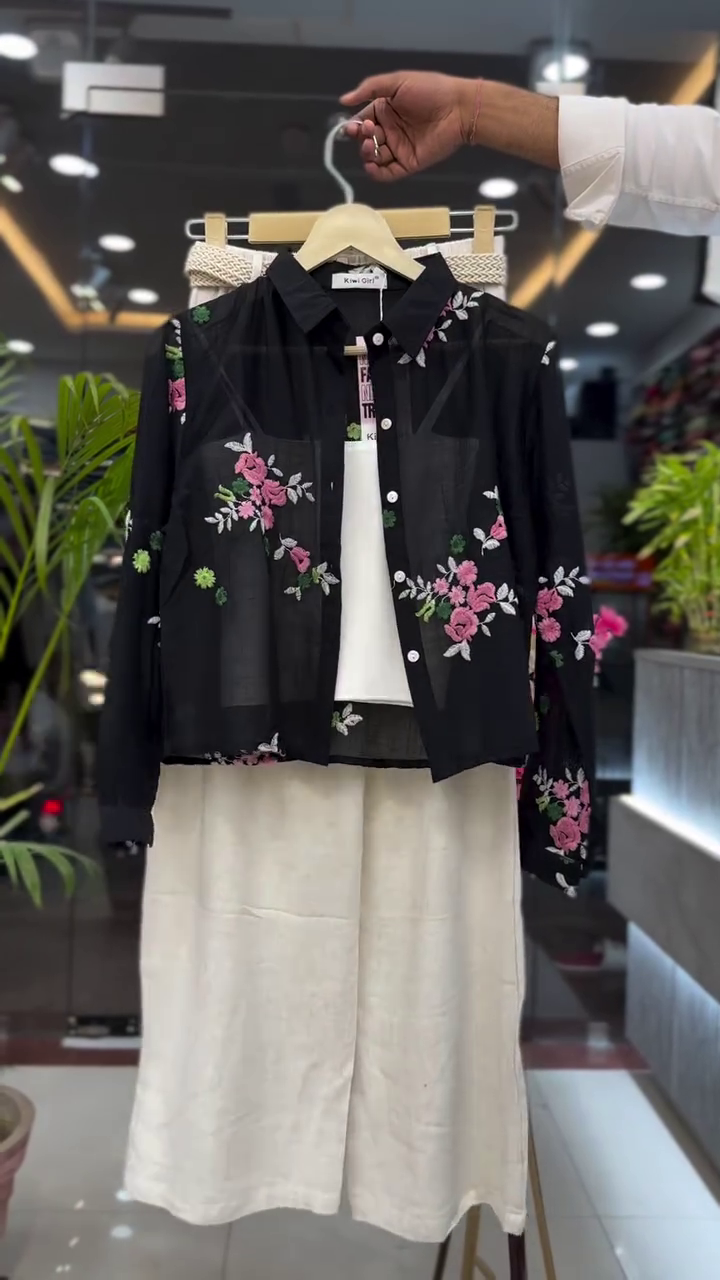 🌸 Midnight Garden Sheer Floral Shirt & Linen Palazzo Set | XXS–XXL ✨🖤