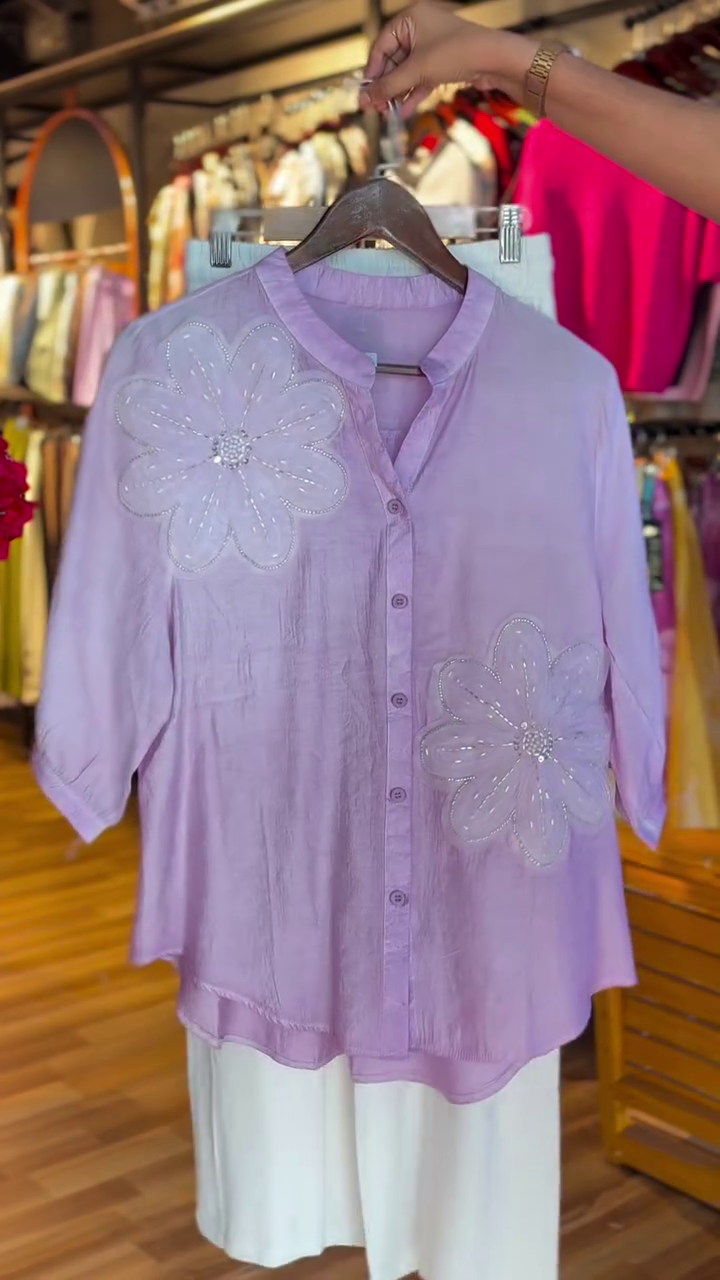 🌸 Lavender Bloom Embellished Button-Down Blouse | XXS–XXL ✨💜