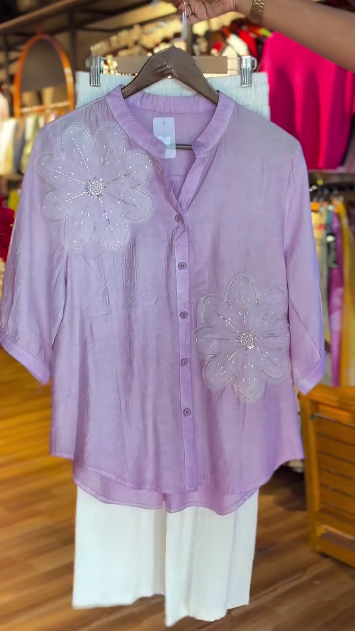 🌸 Lavender Bloom Embellished Button-Down Blouse | XXS–XXL ✨💜
