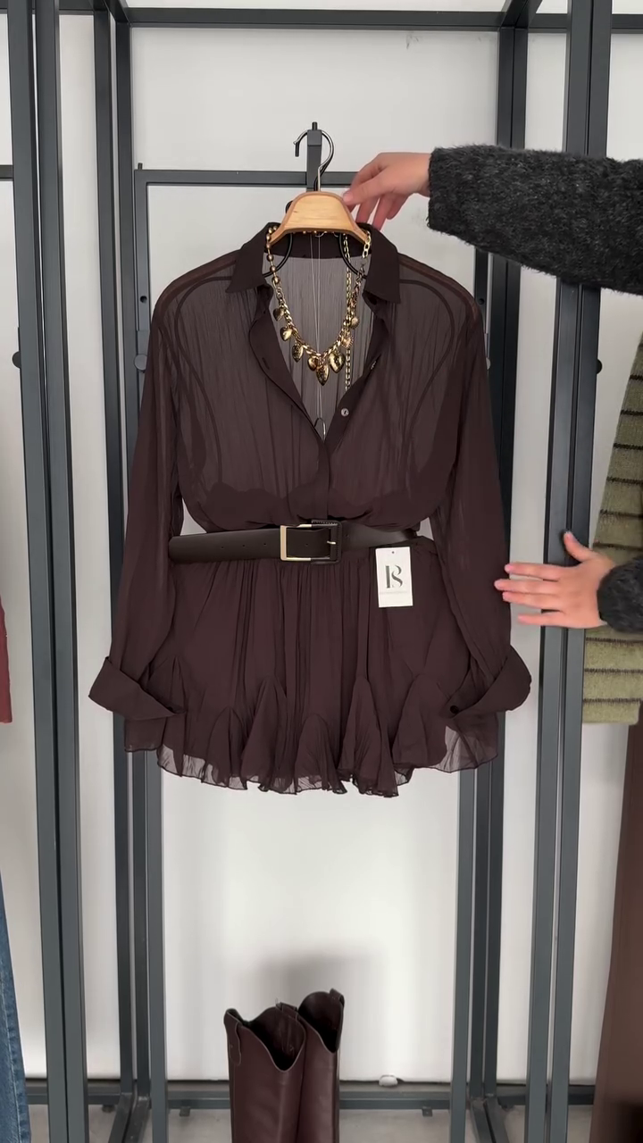 🤎 Mocha Muse Sheer Ruffle Shirt Dress with Belt | XXS–XXL ✨