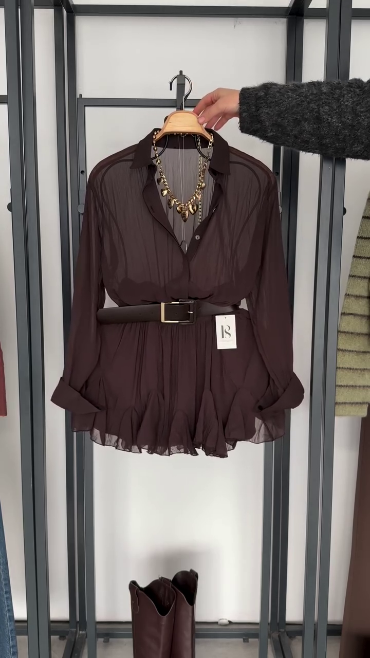 🤎 Mocha Muse Sheer Ruffle Shirt Dress with Belt | XXS–XXL ✨