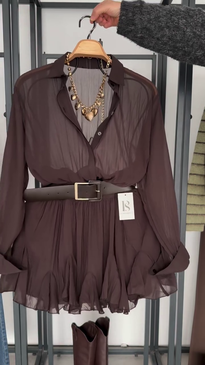 🤎 Mocha Muse Sheer Ruffle Shirt Dress with Belt | XXS–XXL ✨