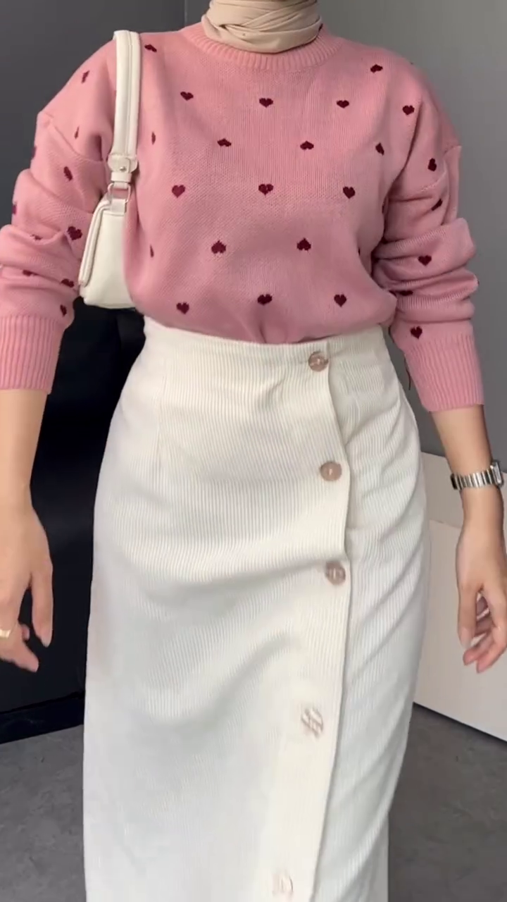 💗 Blush Heart Knit Sweater & Elegant Button Midi Skirt Set | XXS–XXL ✨
