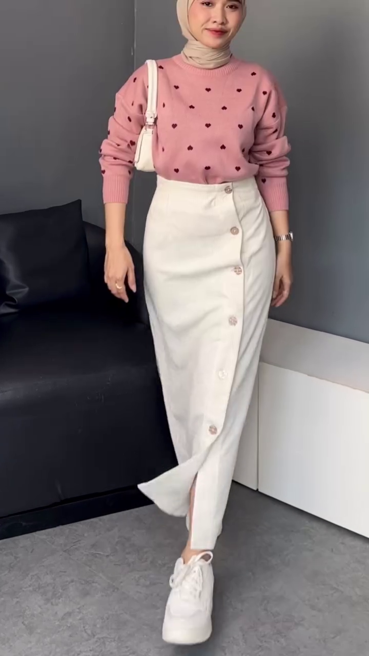 💗 Blush Heart Knit Sweater & Elegant Button Midi Skirt Set | XXS–XXL ✨