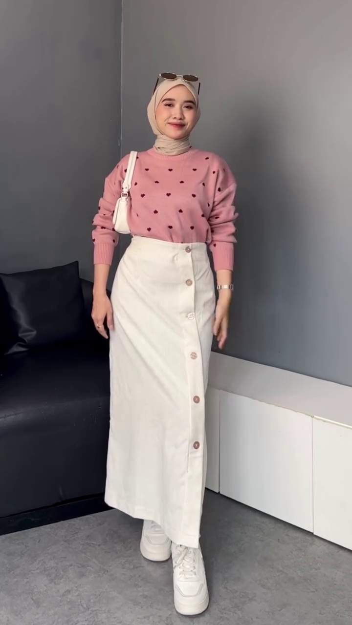 💗 Blush Heart Knit Sweater & Elegant Button Midi Skirt Set | XXS–XXL ✨