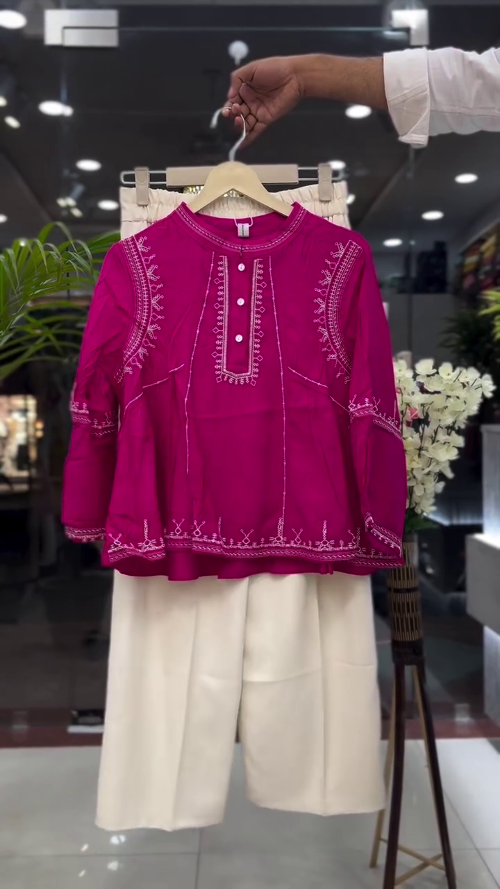 💖 Rani Pink Embroidered Peplum Kurti Set | XXS–XXL ✨