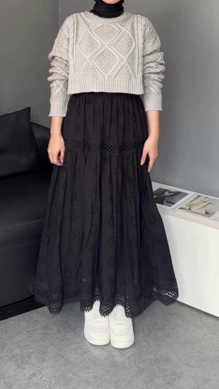 🖤 Elegant Noir Eyelet Maxi Dress & Knit Cardigan Set | XXS–XXL ✨