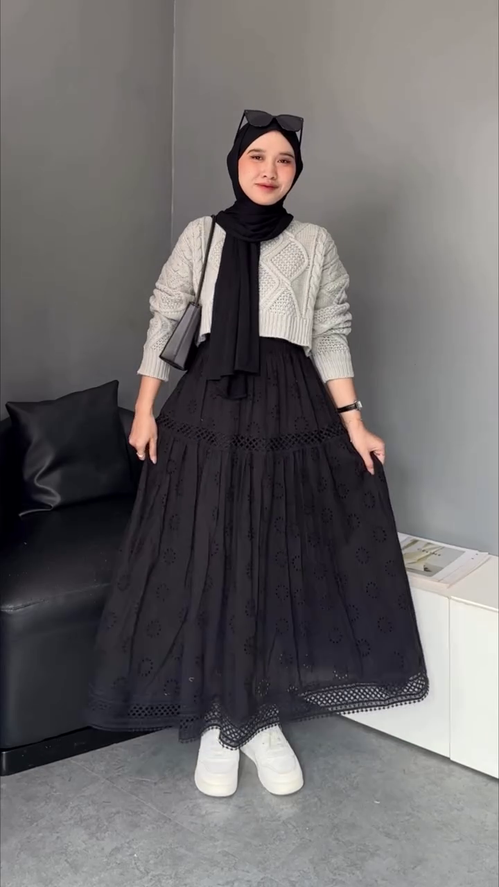 🖤 Elegant Noir Eyelet Maxi Dress & Knit Cardigan Set | XXS–XXL ✨